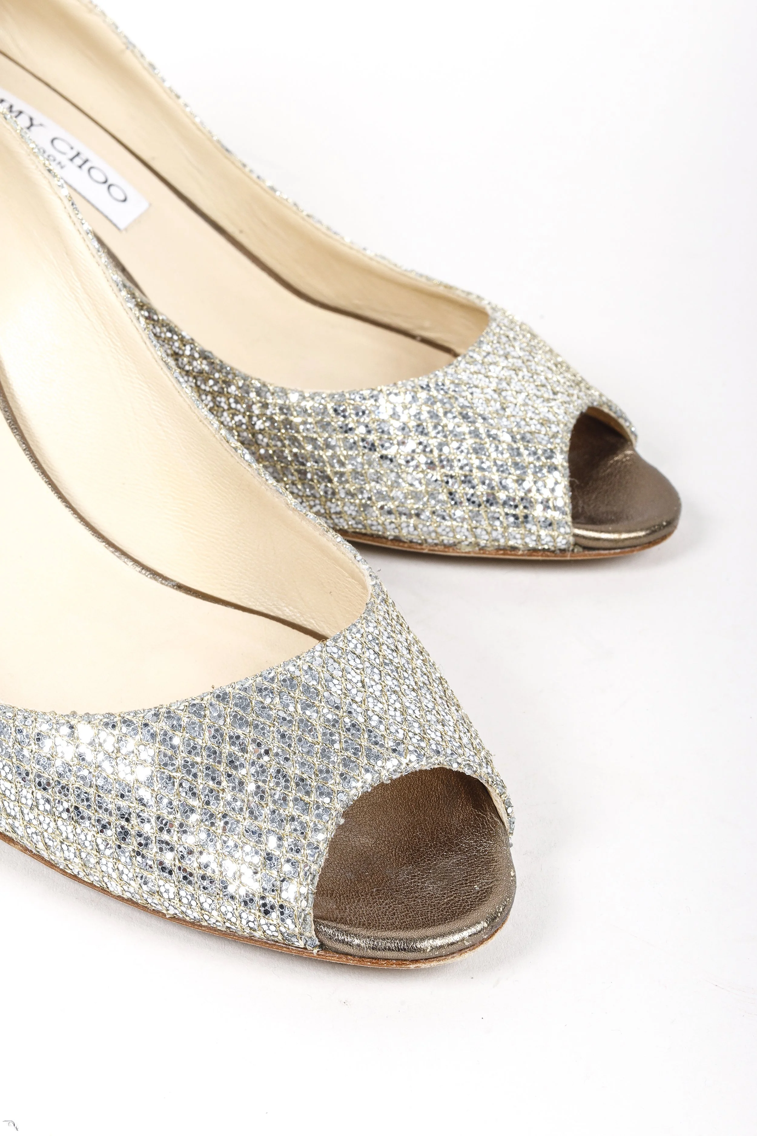 Jimmy Choo Peep Toe Champagne Glitter Pumps BLOGGER ARMOIRE